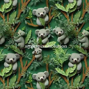 Exklusives Nahtloses Muster, Stoffdesign, Seamless Pattern, grün mit Koala Bären in 3D Filz Optik